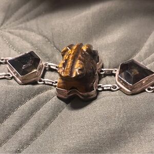 Carved Frog Tigers Eye and Smoky Quartz Big Chunky Sterling Link Bracelet